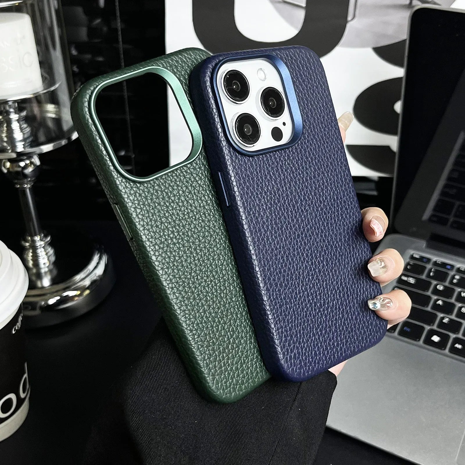 Plain leather magnetic phone case with lychee pattern in Dark Green for iPhone