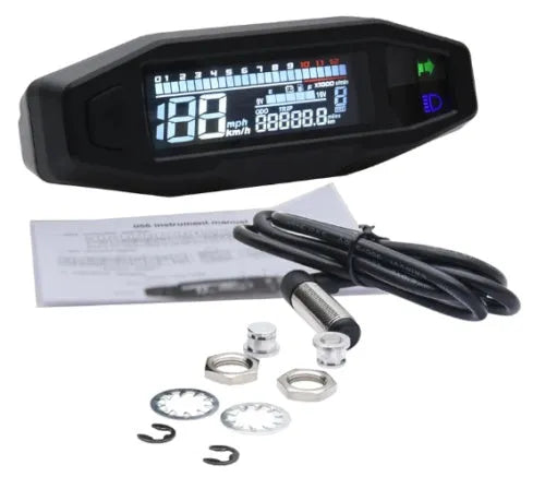 Black motorcycle mini LCD speedometer gauge showing digital readouts for speed, oil level, and RPM
