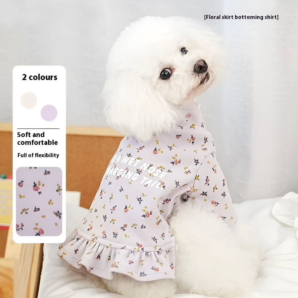 Light purple pet undershirt with floral skirt for small dogs on teddy bichon