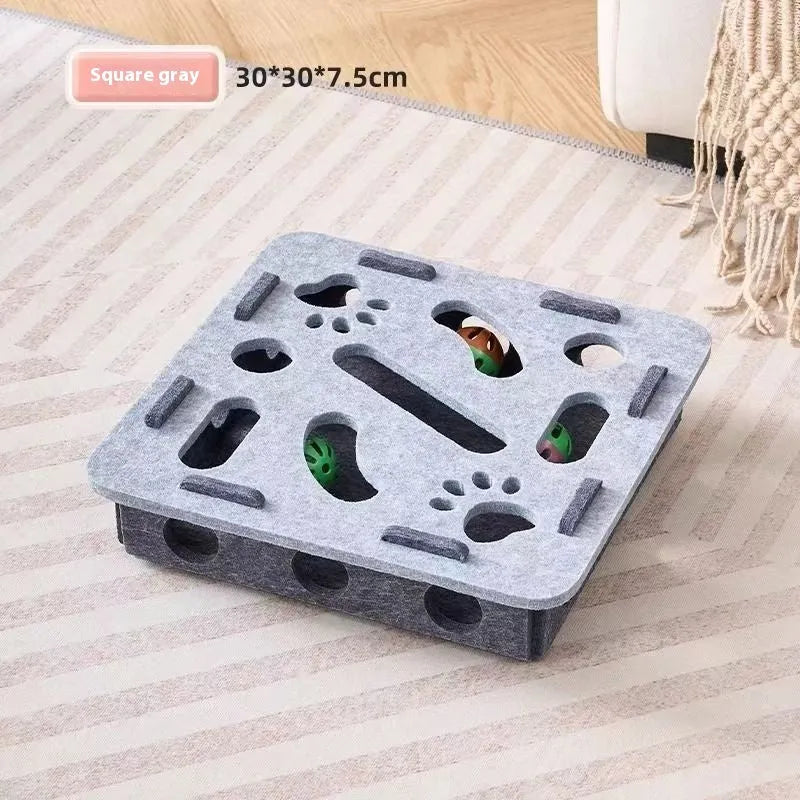 Green brown felt box cat toy with a hole, shown next to a grey and a camel white version, dimensions 30x30x7.5 cm.