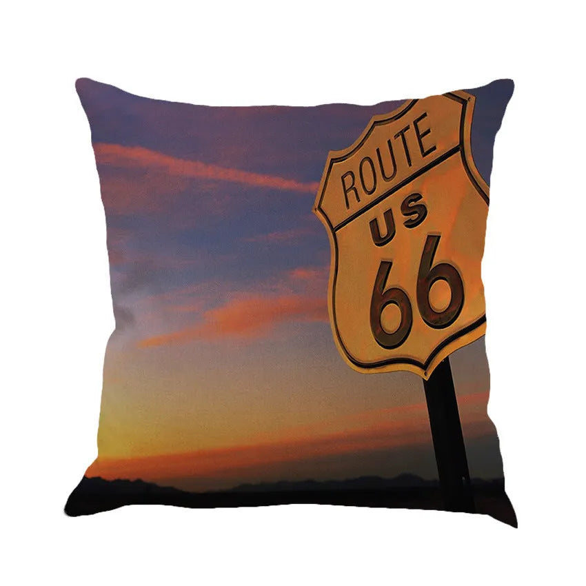 Linen blend cushion cover with Route 66 landscape pattern in six colour options