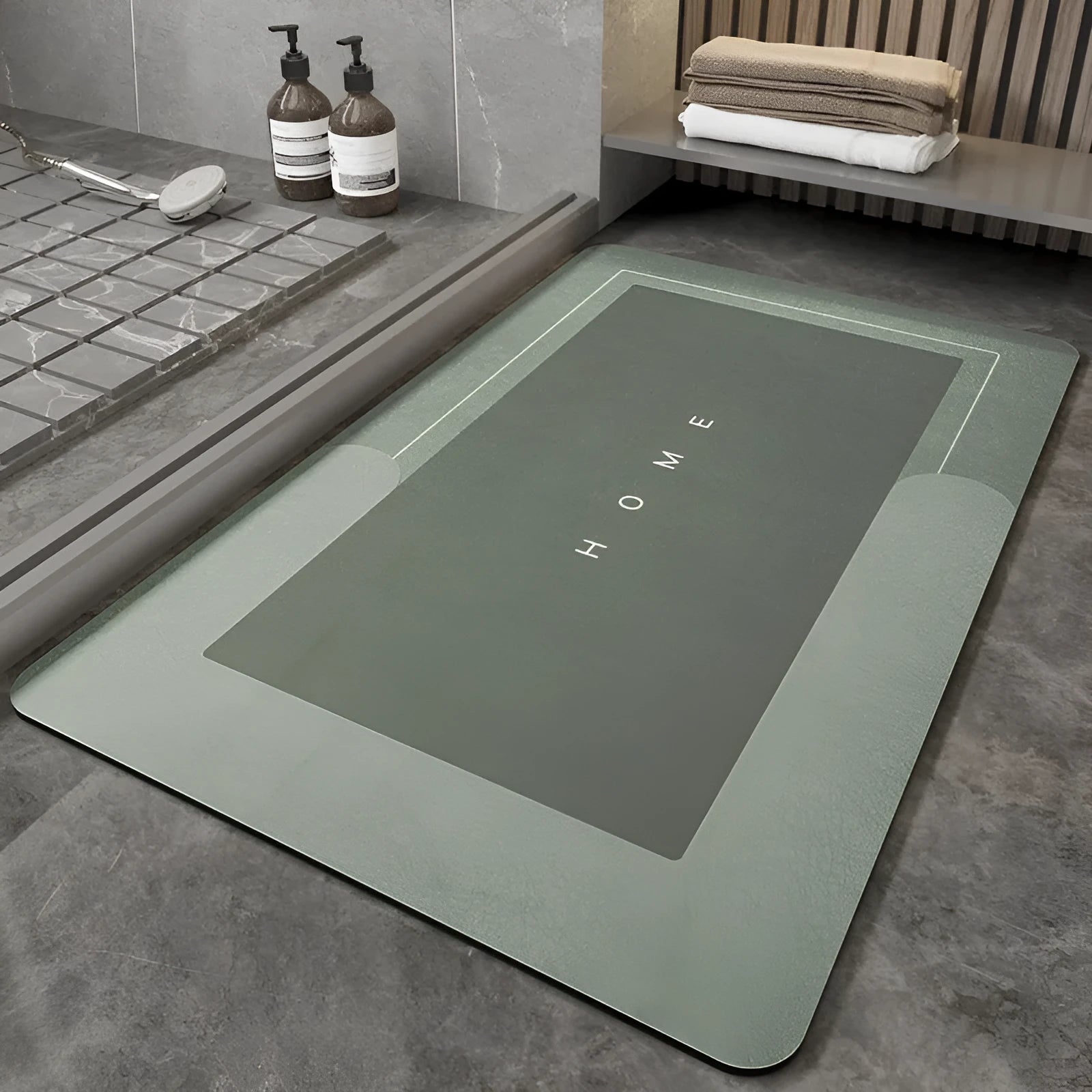 Blended bathroom floor mat in oval and rectangle shapes, Baikal colours blue light grey green dark grey