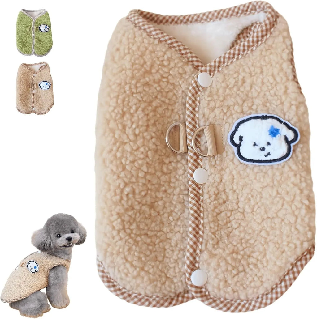 Green coral fleece dog vest with a leash ring on a small dog.