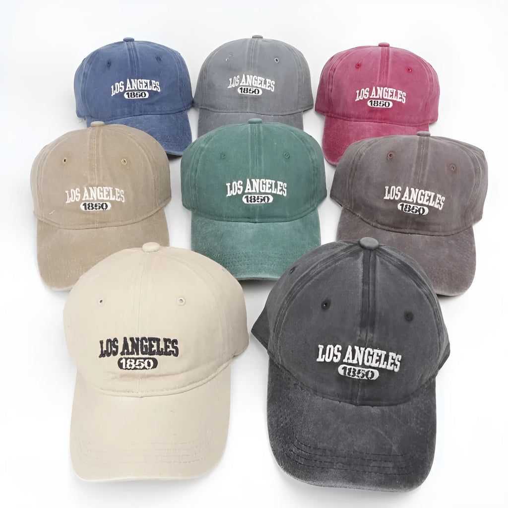 Retro personalised embroidered letters peaked cap in distressed fabric, adjustable fit, shown in beige colour.