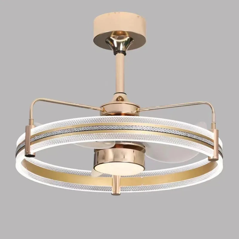 Modern remote-controlled ceiling fan light with acrylic shade and ABS blades in black or gold finish