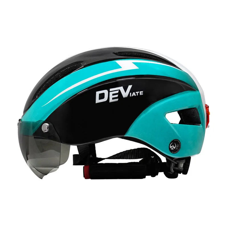 Adult bicycle helmet with integrated red taillight on the rear, shown in a black and blue colour variant.