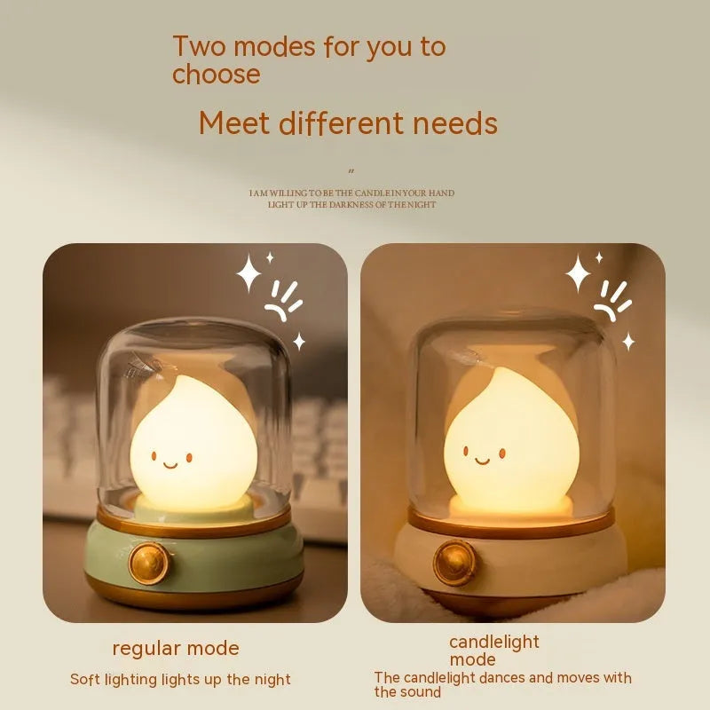 Green retro-style USB rechargeable LED night lamp with dimmer knob on wooden table