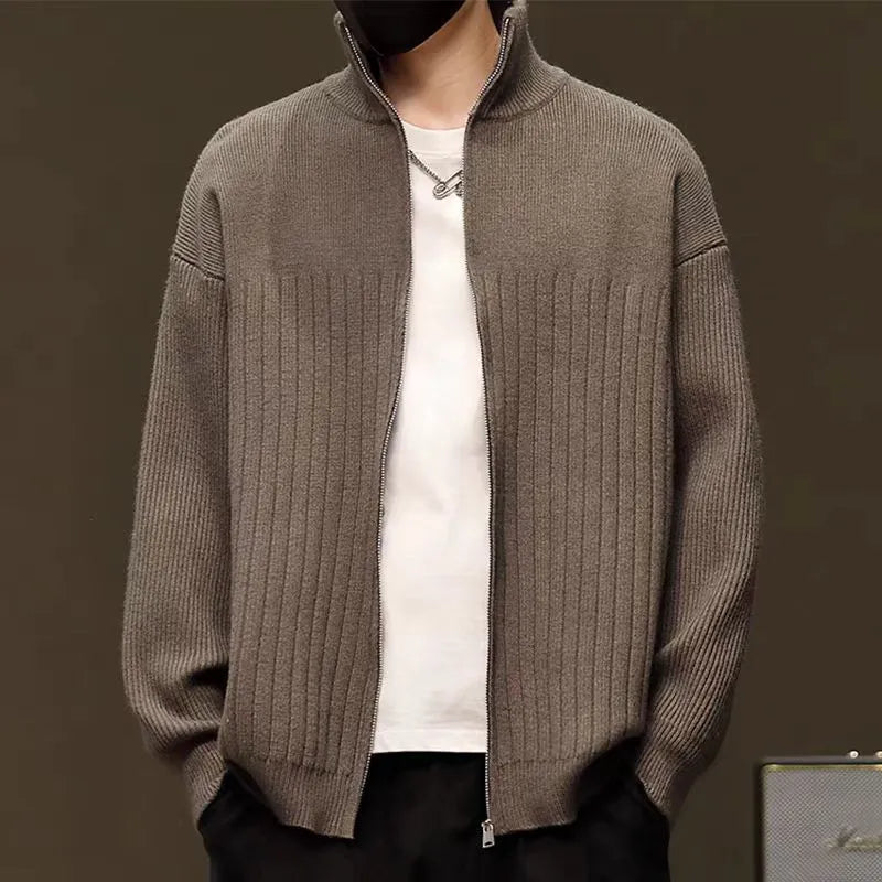 Men's striped cardigan sweater in gray with loose fit, long sleeves, and button front