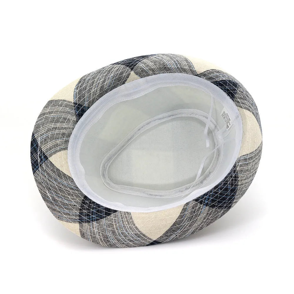 A blue and black unisex sun-proof straw hat with a bell crown for outdoor travel.