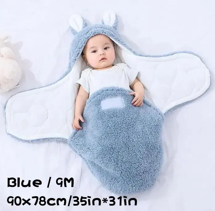 Fluffy fleece baby sleeping bag swaddle in blue with adjustable hook-and-loop closure for newborn