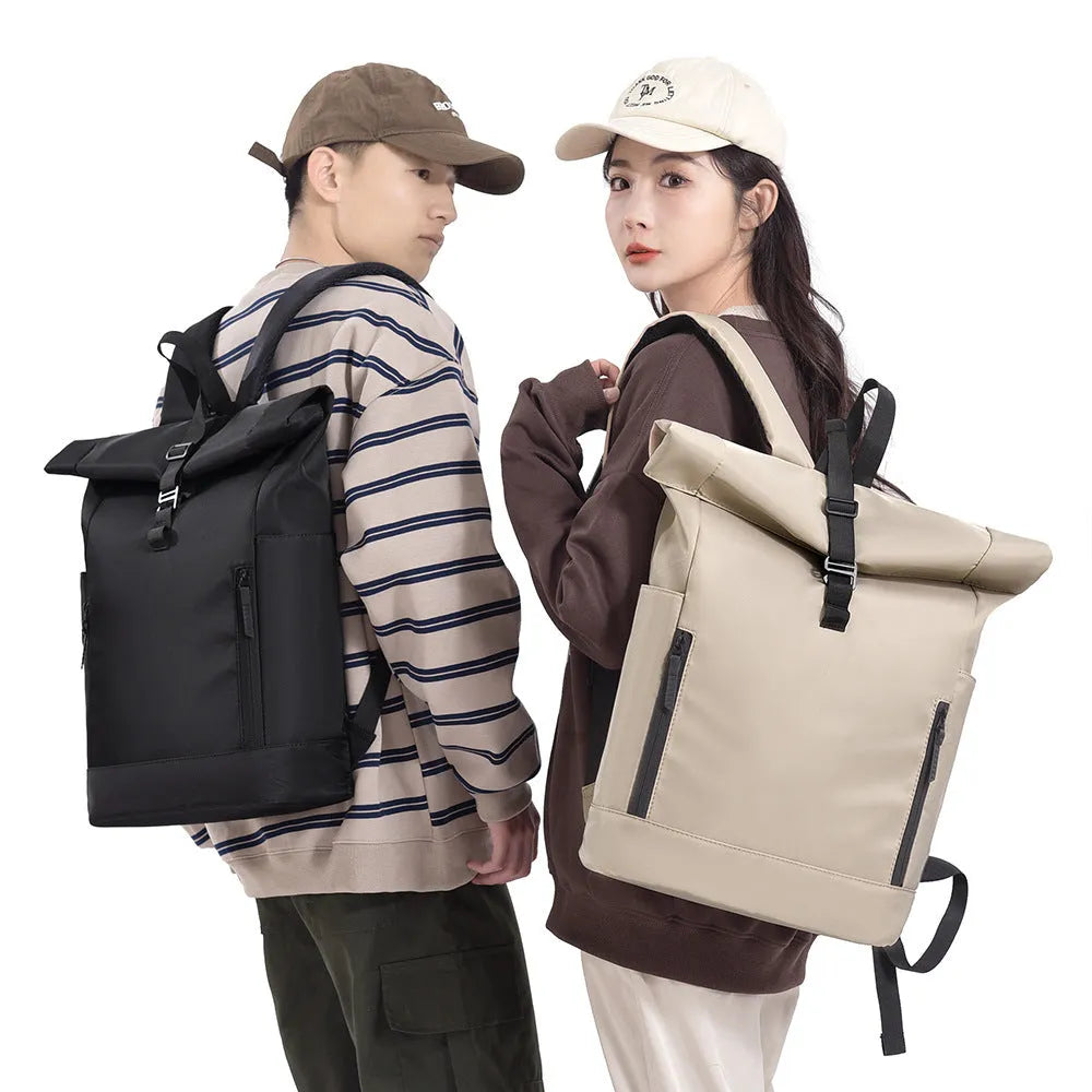 Oxford cloth casual backpack with airpillow straps, 20-35L capacity, in black solid colour with sewing line detail