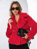 Short loose women's coat in rose red artificial faux fur with regular sleeves.