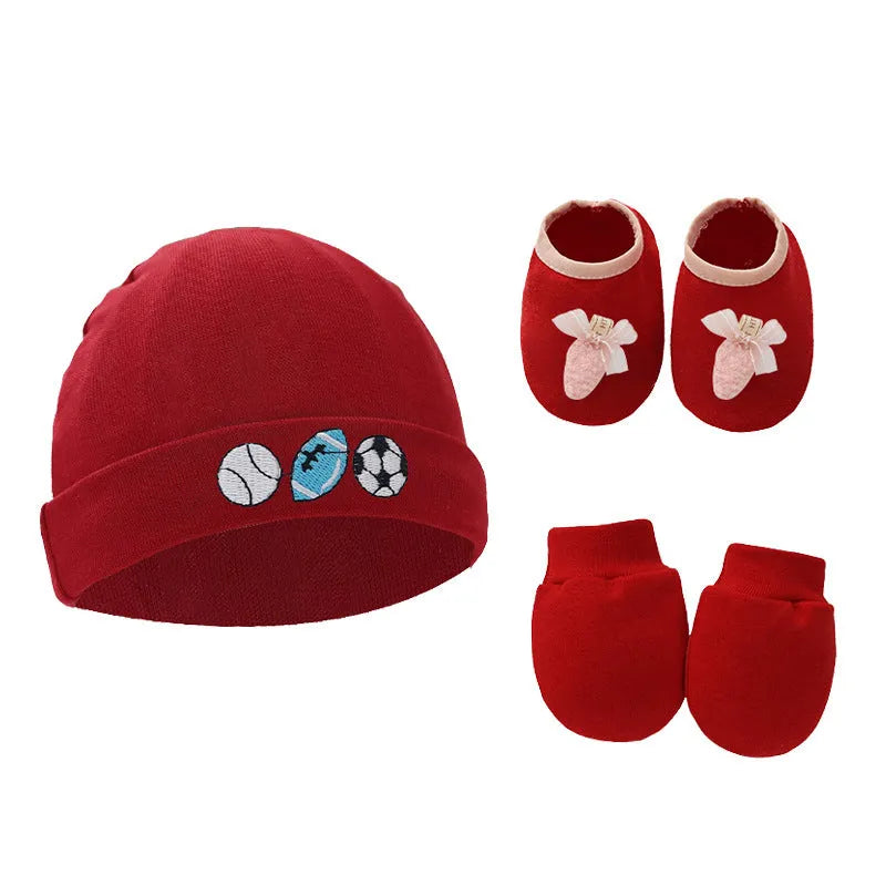 Baby cotton gloves and foot cover set with a pullover cap in multiple colour options