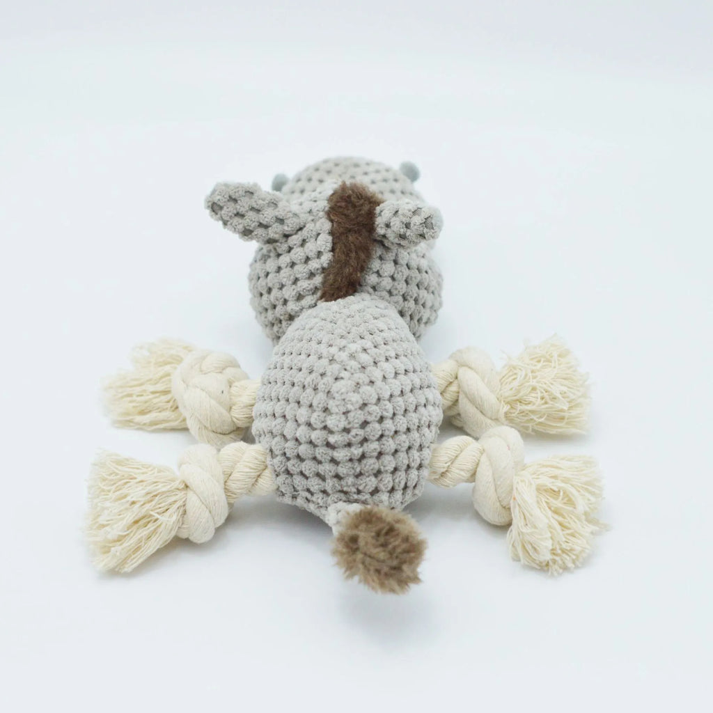 Grey donkey-shaped plush dog toy with cloth velvet material showing dimensions of approximately 27cm