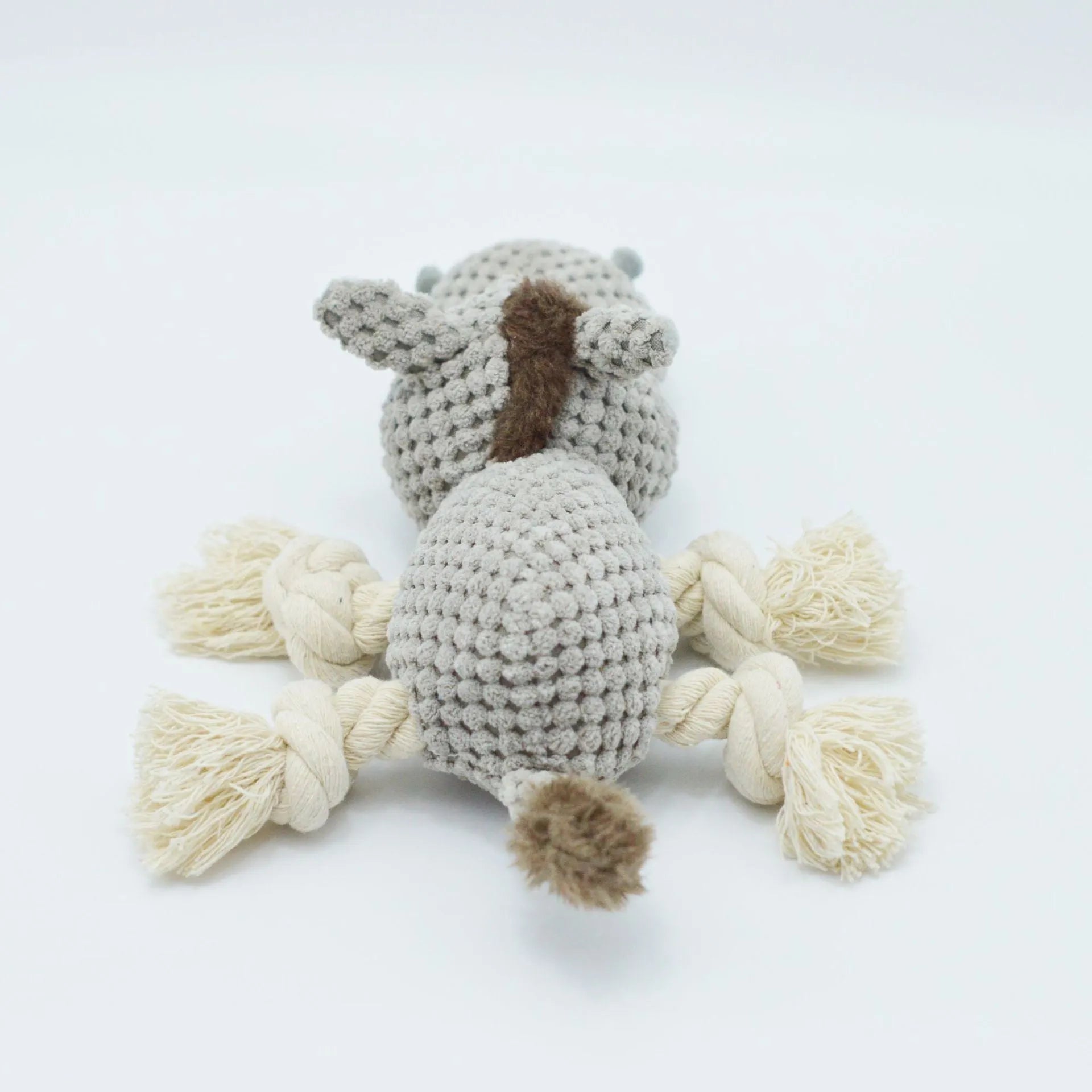Grey donkey-shaped plush dog toy with cloth velvet material showing dimensions of approximately 27cm