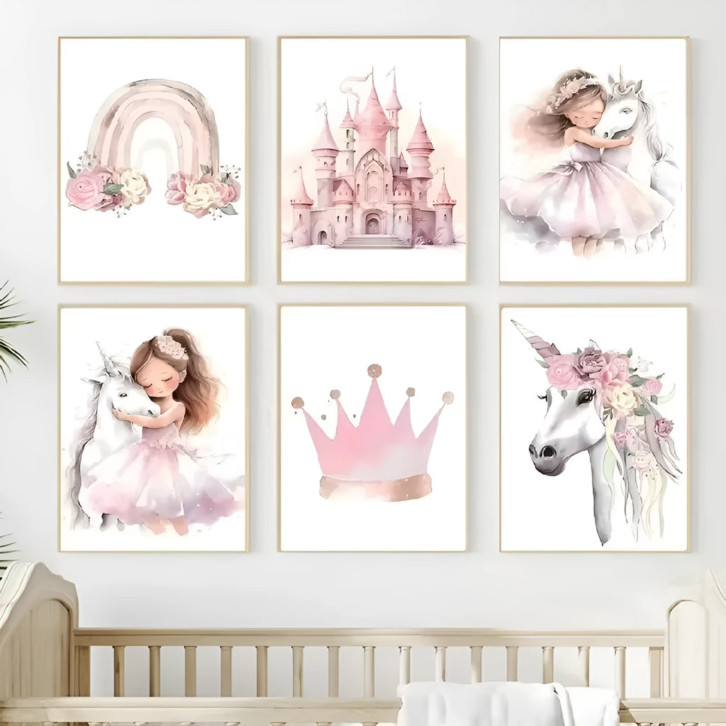 Rainbow castle crown frameless canvas wall painting print, Nordic style, 30x40cm size option