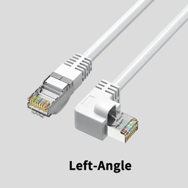 Black Cat6 Ethernet cable with right-angle metal RJ45 connector showing different orientation options