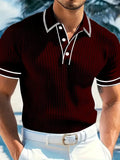 Men's loose fit striped polo short sleeve shirt in multiple colours on a hanger