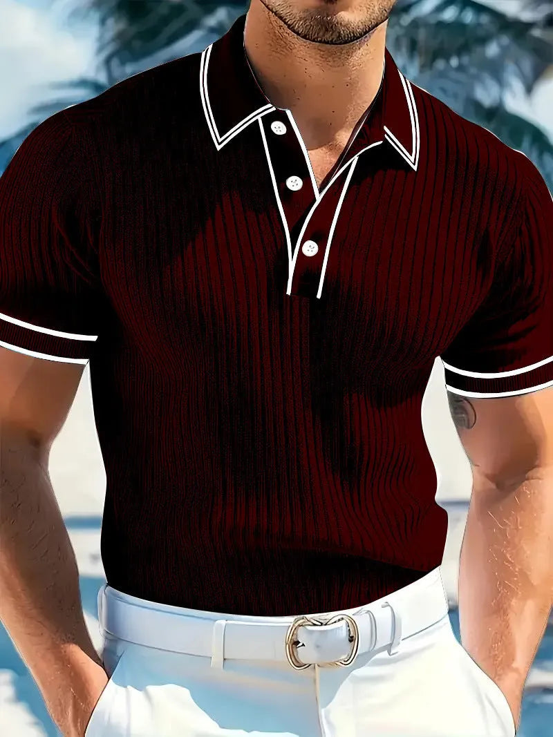 Men's loose fit striped polo short sleeve shirt in multiple colours on a hanger