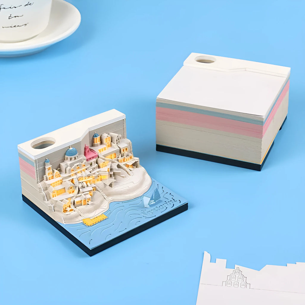 Santorini beach three-dimensional paper carving notepad and building model measuring 9x9x5 cm