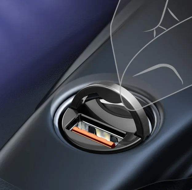 Baseus electro-optical grey 30W PPS fast car charger with 1 metre USB cable.