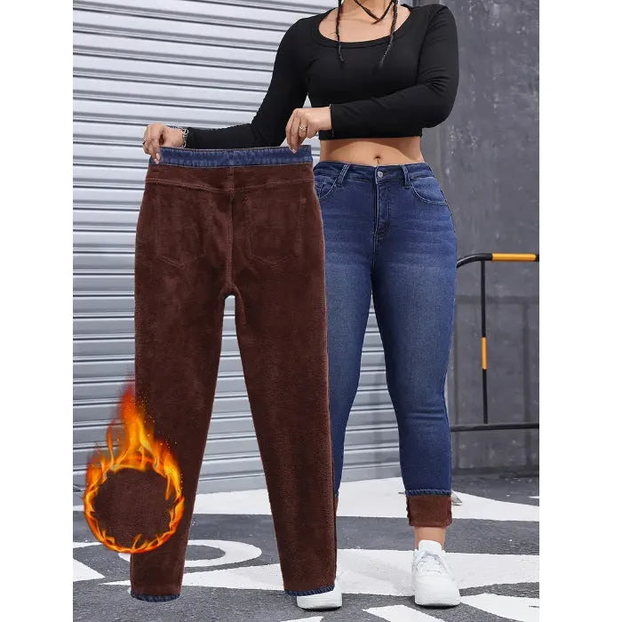 Blue women's brushed elastic skinny jeans cotton denim mid waist pencil pants autumn winter