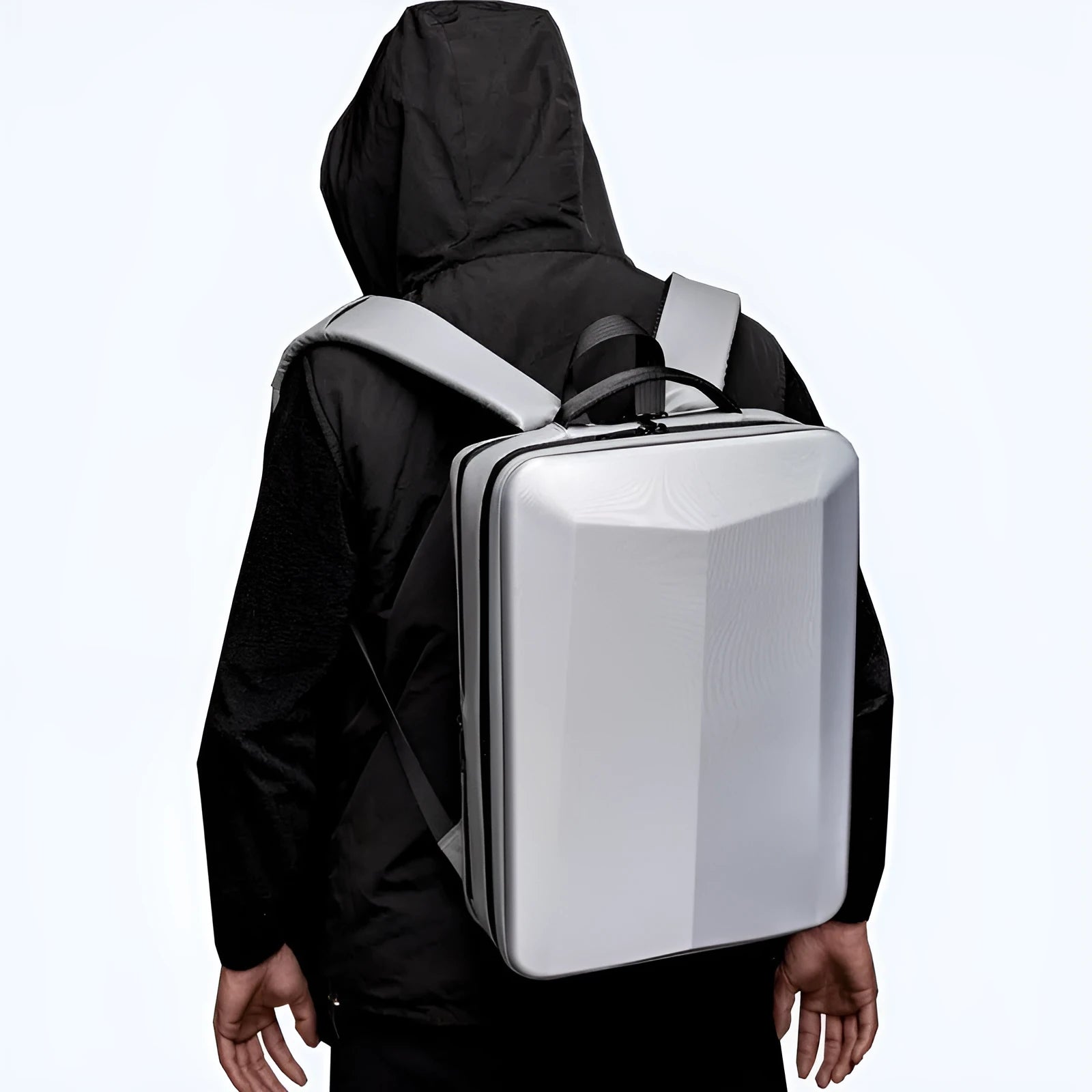 Men's black waterproof business backpack with curved shoulder straps and a splicing design detail.