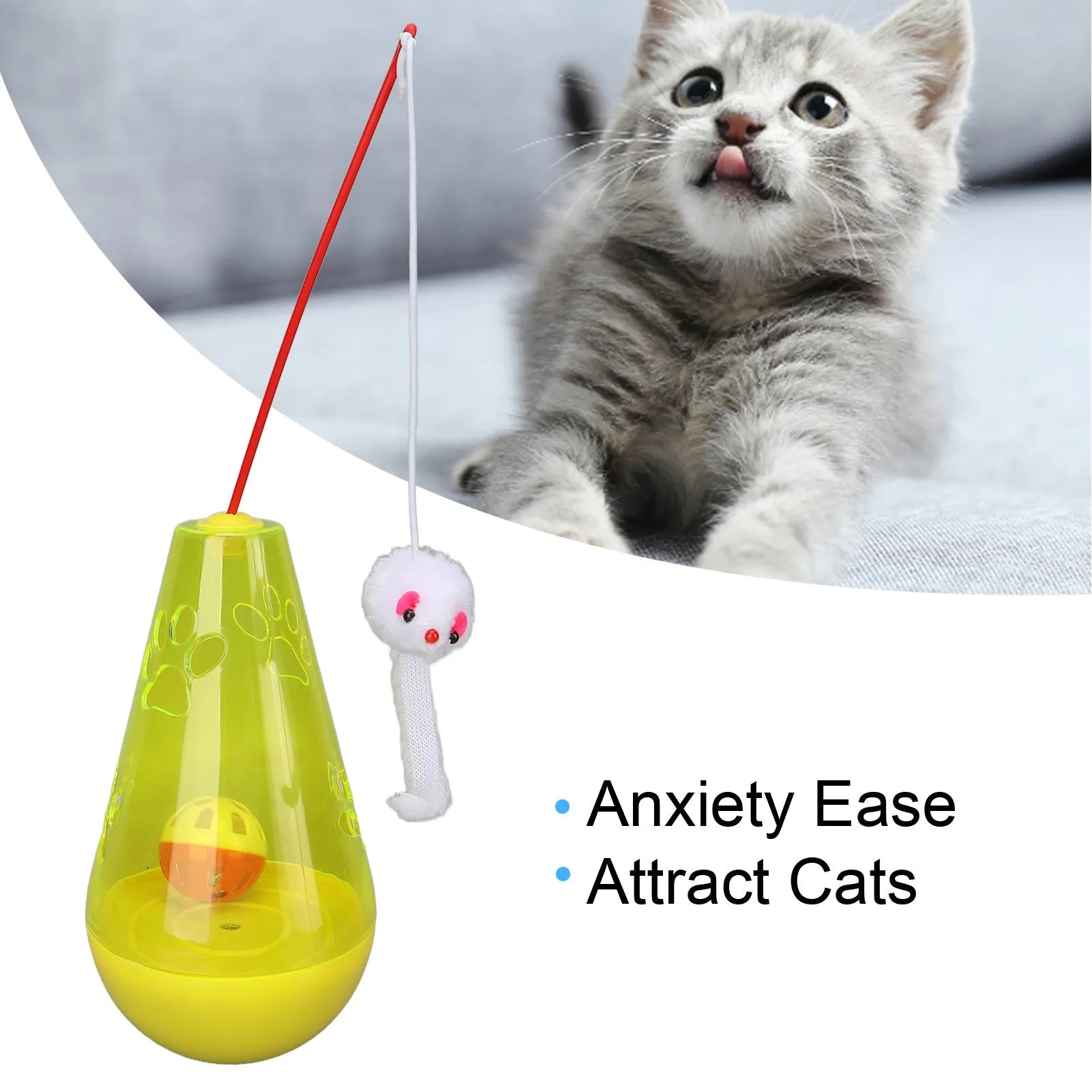 Blue and yellow cat toy with bell ball, treat dispenser, and plush mouse wand for indoor feline play