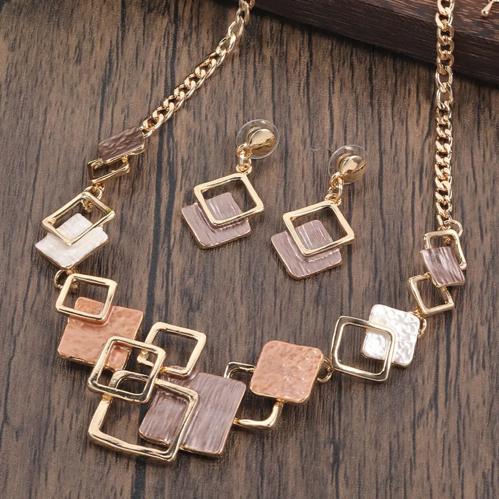 Alloy necklace and earrings set with geometric square oil drip pendant and curb chain
