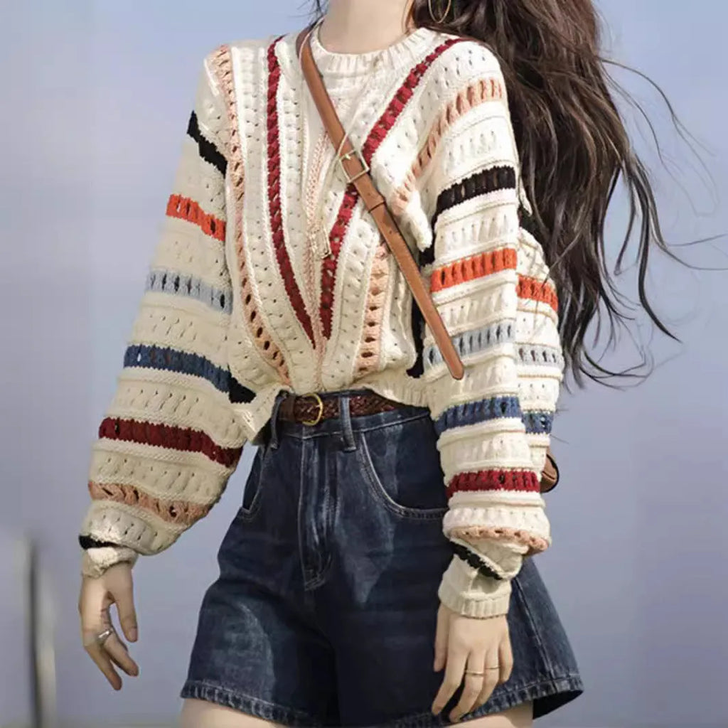 Rainbow striped round neck pullover sweater with batwing sleeves in loose fit casual style