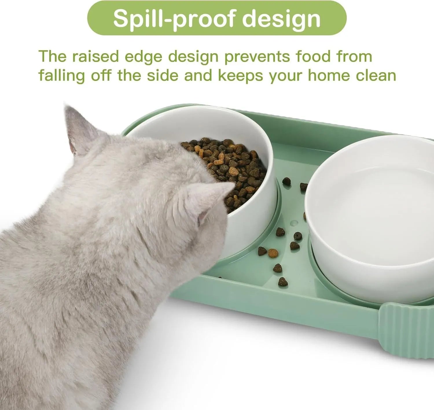 Green ceramic raised cat bowl set with two tilted bowls on non-slip base