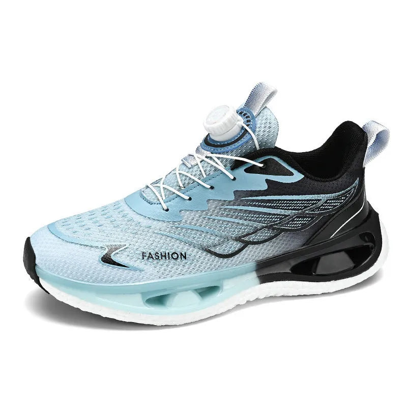 Youth shock absorption rotating button sneaker in light blue mesh version with low-top casual design