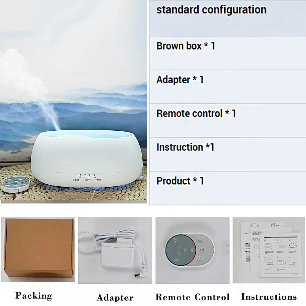 HOMEFISH white 500ml ultrasonic aroma diffuser with colourful LED light and IR remote control