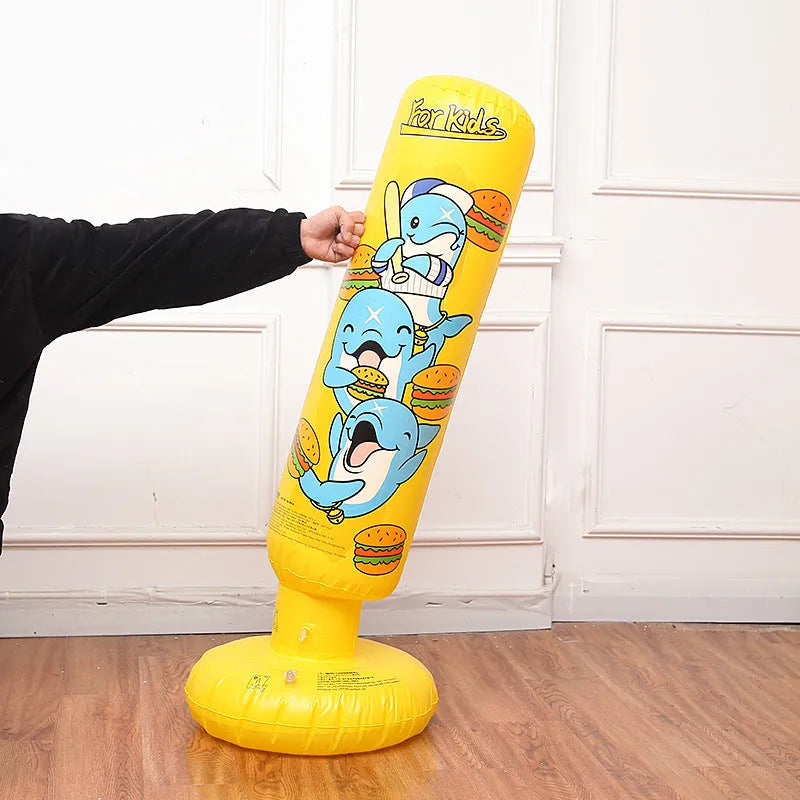 Yellow hamburger patterned inflatable boxing column, 120cm tall PVC fitness tumbler for home training