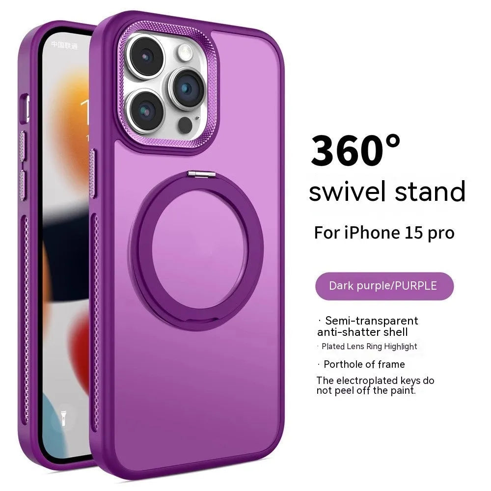 Rotating bracket magnetic suction phone case for iPhone showing frosted finish and integrated metal ring