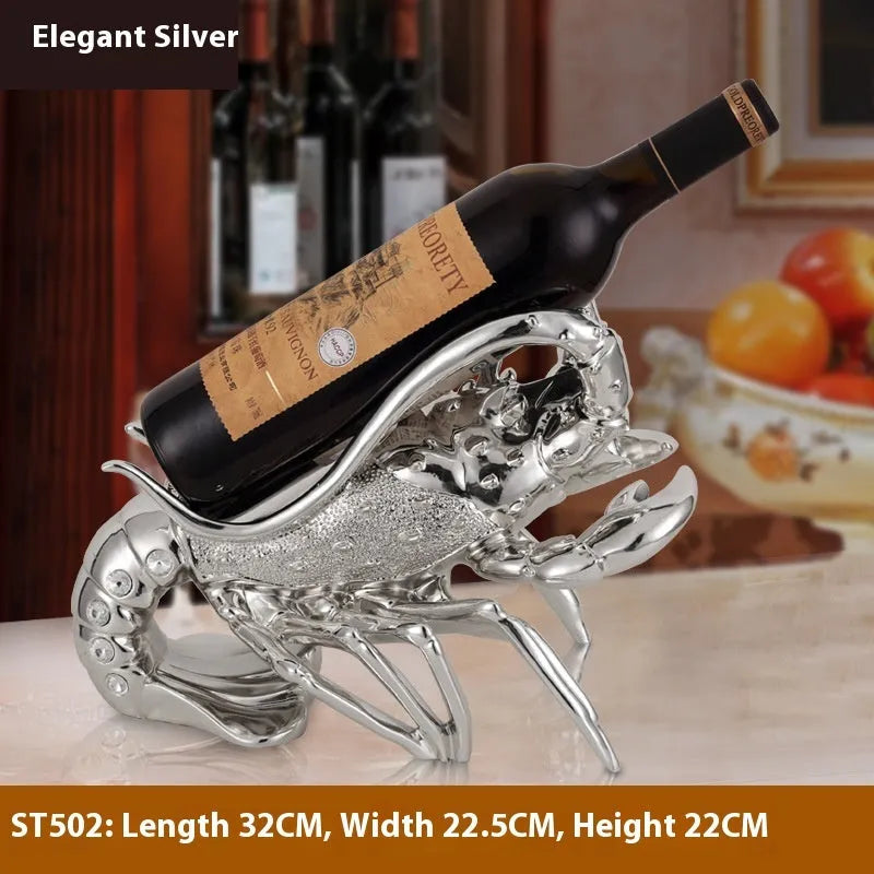 Lobster-shaped wine rack ornament in rose gold holding a wine bottle