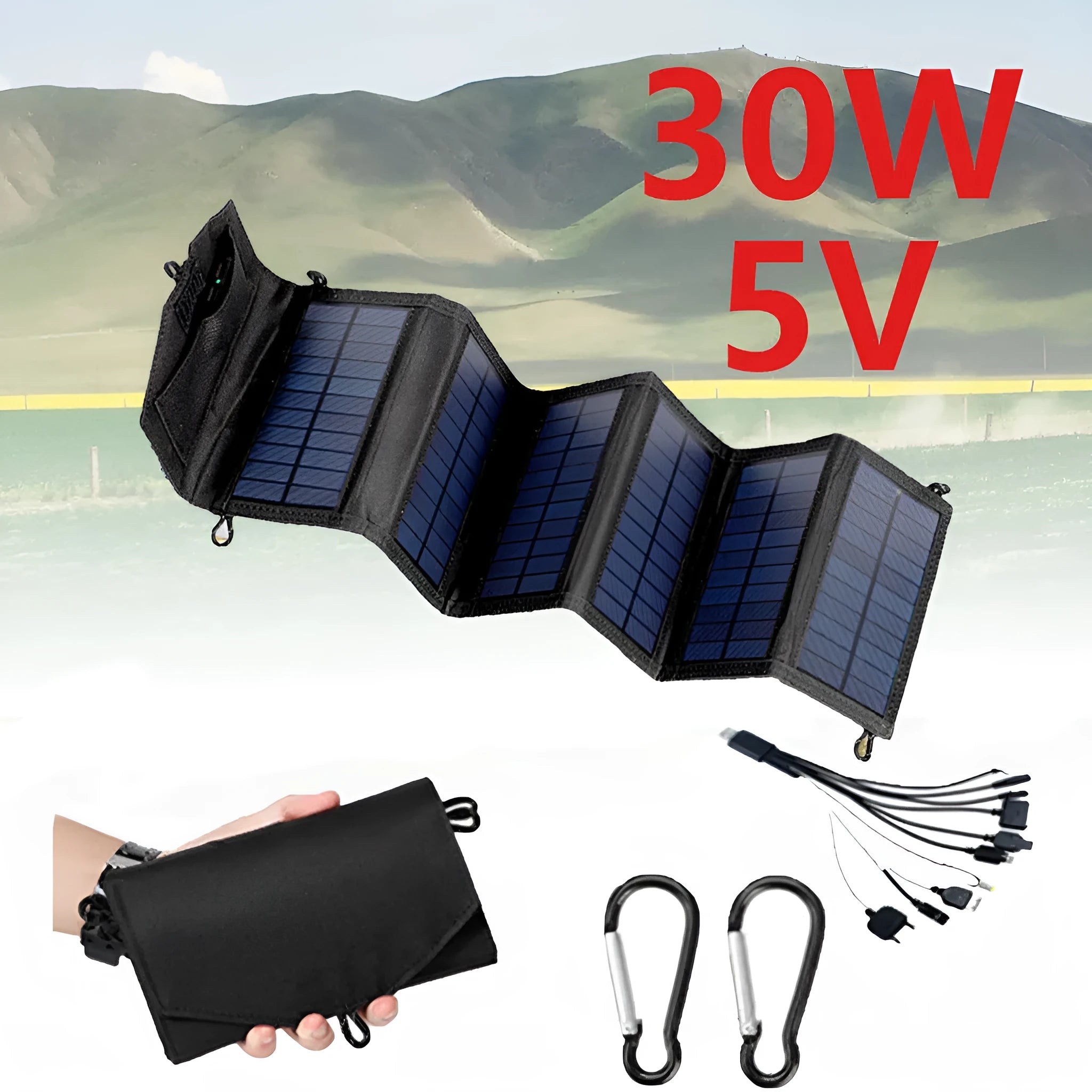 30W solar charging board folding bag portable USB panel with carabiner clips for outdoor camping