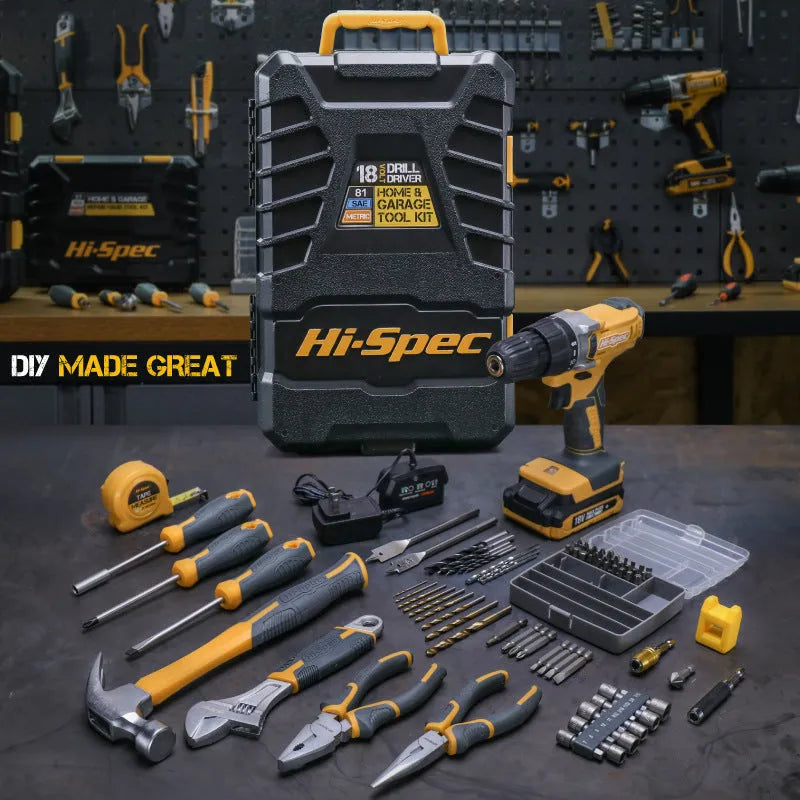 Grey yellow US-style toolbox open to show 82-piece chrome-vanadium steel home repair tool set.