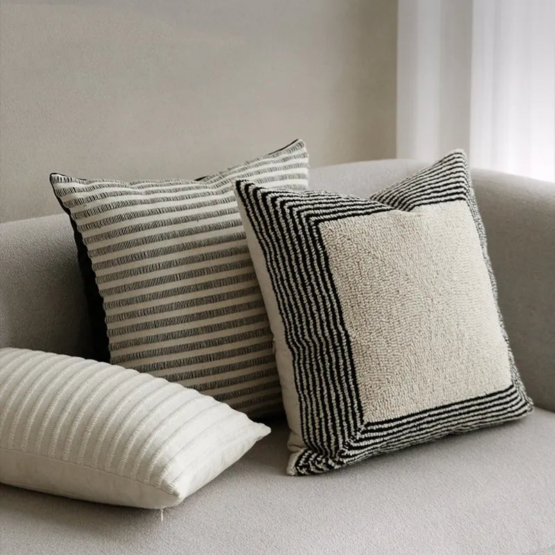 Black and white geometric towel embroidery square pillow cover on sofa 50x50cm