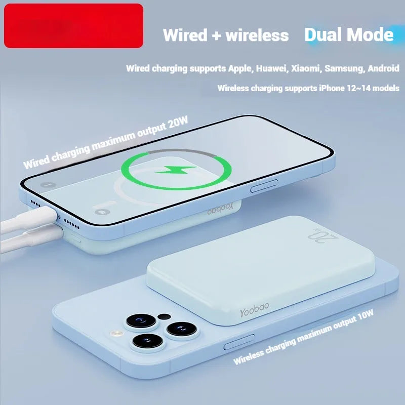 Portable 10000mAh magnetic wireless power bank in blue, purple, or white with Type-C charging