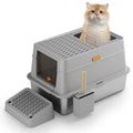 Grey enclosed cat toilet with pedal entry and stainless steel litter pan