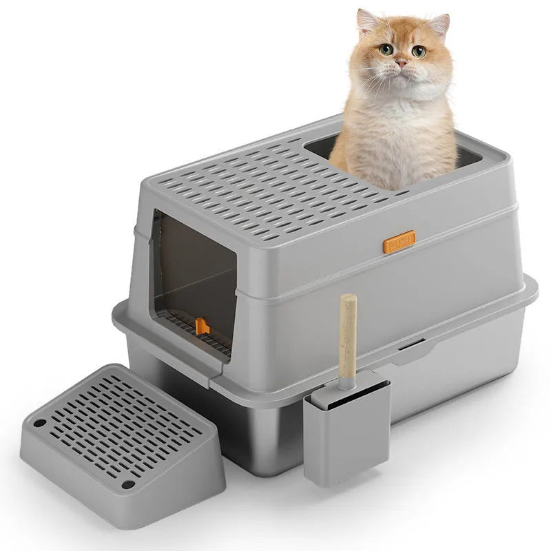 Grey enclosed cat toilet with pedal entry and stainless steel litter pan