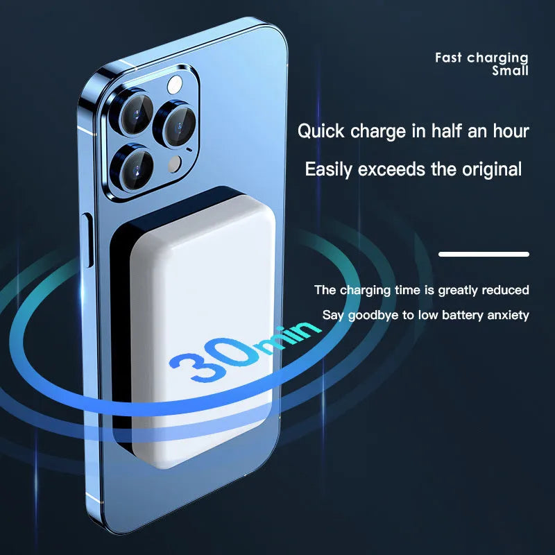 Pink plastic magnetic wireless power bank showing dimensions of 100x64x18mm