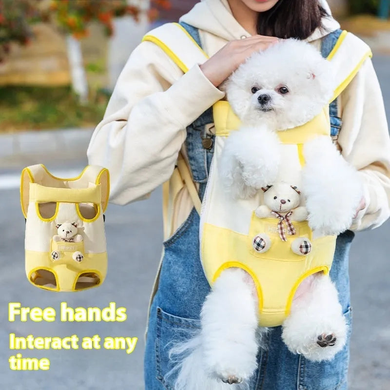 Cartoon animal pattern pet carrier bag in canvas with pearl cotton lining, showing Beka yellow bear design