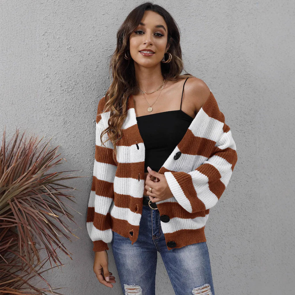 Women's striped deer plush cardigan sweater with button fastening in blue, black, brown, or dark green