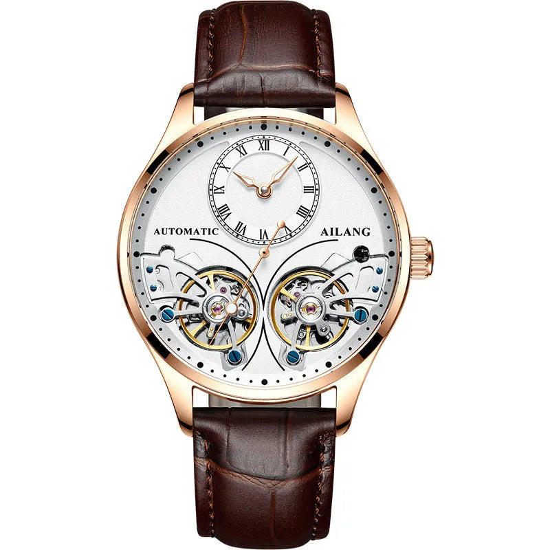 Automatic men's watch with tourbillon and moon phase on a round black dial in a titanium case.