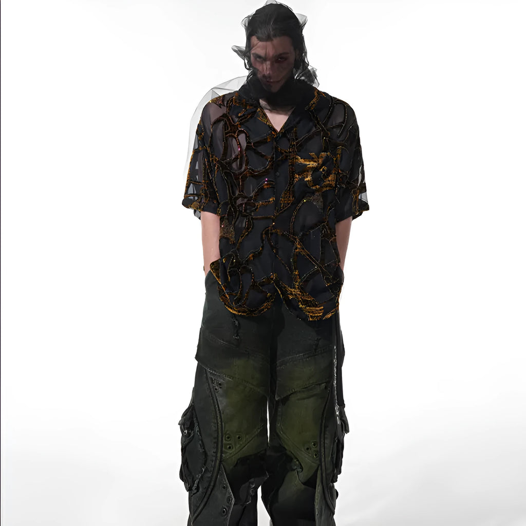 Man's loose fit short-sleeved shirt with translucent snake pattern in black or grey.