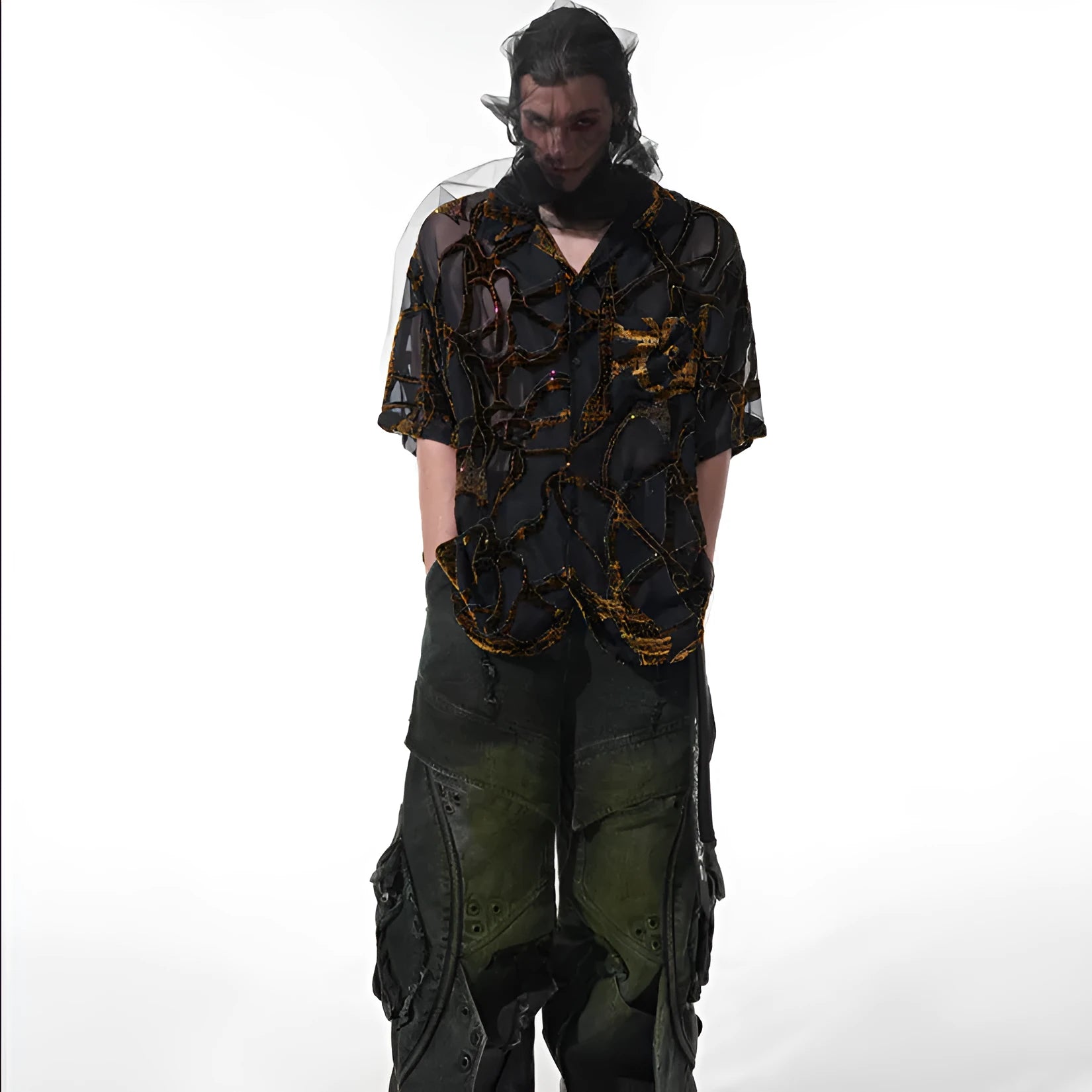 Man's loose fit short-sleeved shirt with translucent snake pattern in black or grey.