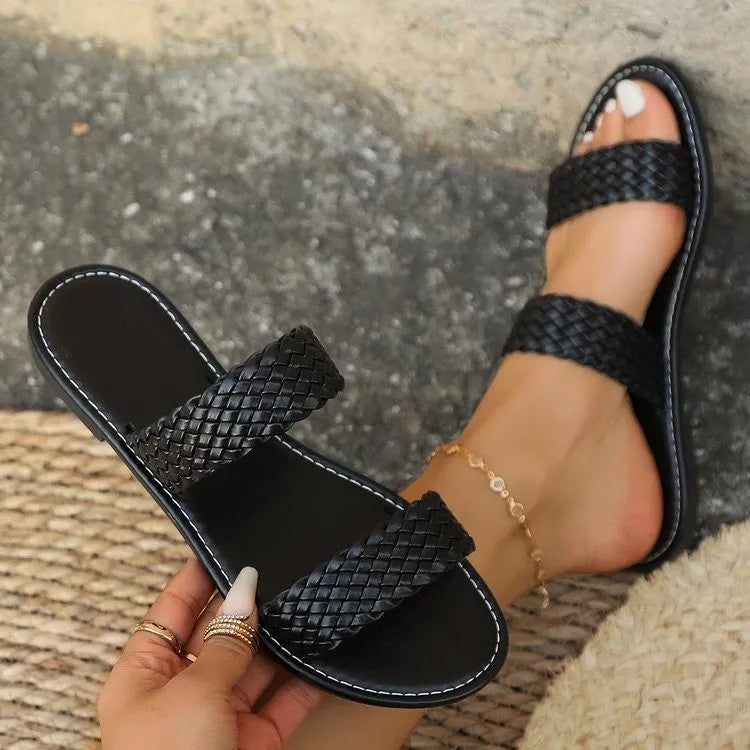 Women's woven synthetic leather beach slippers with PVC sole in gold colour