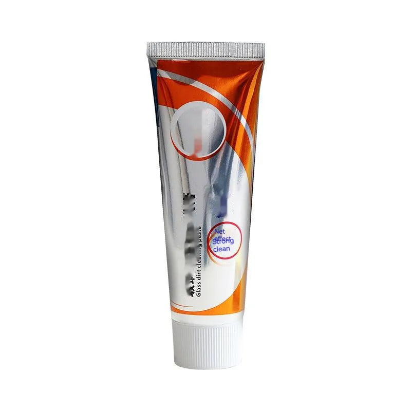Car windshield cleaning agent tube with white paste for removing oil stains from automotive glass